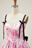 Corset A-Line White Fuchsia Flower Homecoming Dress With Bow