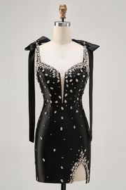 Black Rhinestone Tight Homecoming Dress with Slit