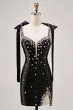 Black Rhinestone Tight Homecoming Dress with Slit