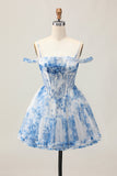 White Blue Flower A-Line Cold Shoulder Printed Beaded Corset Homecoming Dress