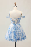 White Blue Flower A-Line Cold Shoulder Printed Beaded Corset Homecoming Dress