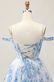 White Blue Flower A-Line Cold Shoulder Printed Beaded Corset Homecoming Dress