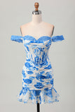 White Blue Flower Off the Shoulder Corset Short Homecoming Dress with Ruffles