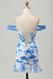 Off The Shoulder White Fuchsia Flower Bodycon Corset Appliqued Homecoming Dress
