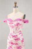 Off The Shoulder White Fuchsia Flower Bodycon Corset Appliqued Homecoming Dress