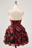 Ruffled Strapless Cut Out Printed Black Red Homecoming Dress