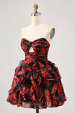 Ruffled Strapless Cut Out Printed Black Red Homecoming Dress
