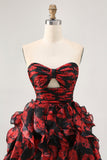 Ruffled Strapless Cut Out Printed Black Red Homecoming Dress