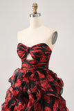 Ruffled Strapless Cut Out Printed Black Red Homecoming Dress