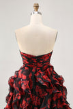 Ruffled Strapless Cut Out Printed Black Red Homecoming Dress
