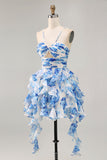 Ruffle Halter White Fuchsia Flower Printed Homecoming Dress with Pearls