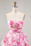 White Blue Flower A-Line Pearl Beaded Cut-Out Homecoming Dress With Ruffles