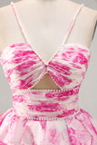 White Blue Flower A-Line Pearl Beaded Cut-Out Homecoming Dress With Ruffles