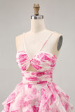 White Blue Flower A-Line Pearl Beaded Cut-Out Homecoming Dress With Ruffles
