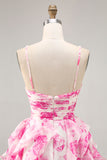 White Blue Flower A-Line Pearl Beaded Cut-Out Homecoming Dress With Ruffles
