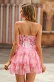 Ruffled White Blue Flower Corset A-Line Strapless Homecoming Dress