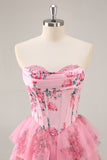 Floral A Line Strapless Corset Tiered Pink Homecoming Dress
