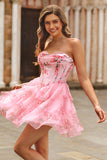 Ruffled White Blue Flower Corset A-Line Strapless Homecoming Dress