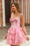 Ruffled White Blue Flower Corset A-Line Strapless Homecoming Dress
