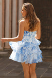 White Blue Flower Corset Tiered Strapless Homecoming Dress