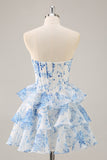 Floral A Line Strapless Corset Tiered Pink Homecoming Dress