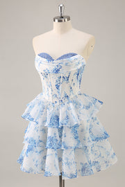 White Blue Flower Corset Tiered Strapless Homecoming Dress