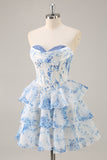 Floral A Line Strapless Corset Tiered Pink Homecoming Dress