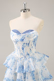 Floral A Line Strapless Corset Tiered Pink Homecoming Dress