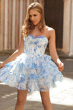 Ruffled White Blue Flower Corset A-Line Strapless Homecoming Dress
