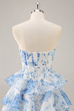 Floral A Line Strapless Corset Tiered Pink Homecoming Dress