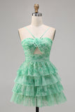 White Blue Flower A-Line Tiered Cut Out Short Homecoming Dress