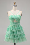 Green Floral Tiered A Line Homecoming Dress