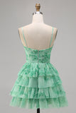 White Blue Flower A-Line Tiered Cut Out Short Homecoming Dress