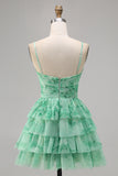 Green Floral Tiered A Line Homecoming Dress