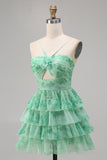 Green Floral Tiered A Line Homecoming Dress