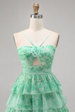 Green Floral Tiered A Line Homecoming Dress