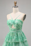 White Blue Flower A-Line Tiered Cut Out Short Homecoming Dress