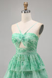 Green Floral Tiered A Line Homecoming Dress