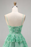 Green Floral Tiered A Line Homecoming Dress
