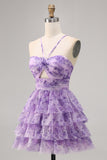 Green Floral Tiered A Line Homecoming Dress