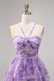 White Blue Flower A-Line Tiered Cut Out Short Homecoming Dress