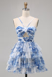 Green Floral Tiered A Line Homecoming Dress