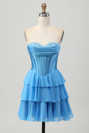 Blue Corset Strapless Tiered A Line Homecoming Dress