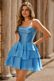 Blue Corset Strapless Tiered A Line Homecoming Dress