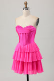 Fuchsia Corset Tiered A Line Strapless Homecoming Dress
