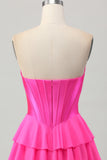 Fuchsia Corset Tiered A Line Strapless Homecoming Dress