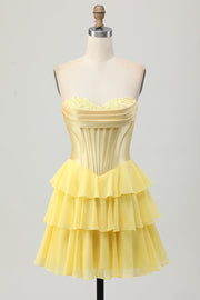 Strapless Corset A Line Tiered Yellow Homecoming Dress
