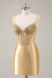 Golden Corset Tight Homecoming Dress with Beading