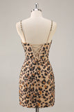 Khaki Leopard Corset Bodycon Short Homecoming Dress with Sequins