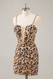 Khaki Leopard Corset Bodycon Short Homecoming Dress with Sequins